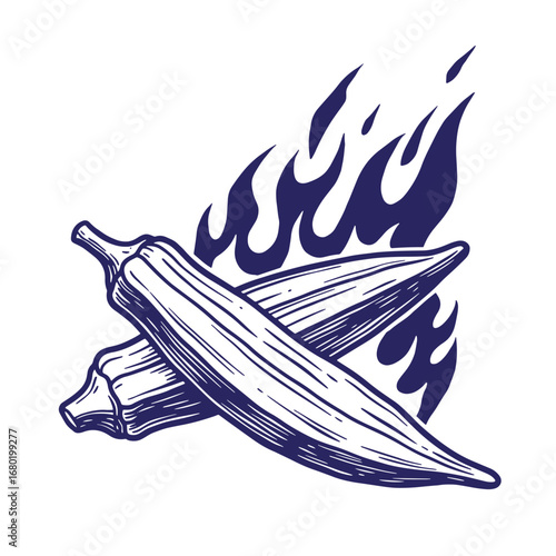 Spicy okra illustration depicting a cross-sectional view and fiery background design