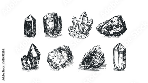 Variety of natural quartz mineral crystals and raw mineral rock specimens sketched on a white canvas. Vector hand drawn illustration