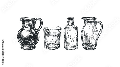 Hand drawn sketch of vintage glass containers and pitchers. Vector hand drawn illustration