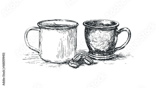 Sketch of Two Mugs Filled with Coffee and Scattered Beans. Vector hand drawn illustration