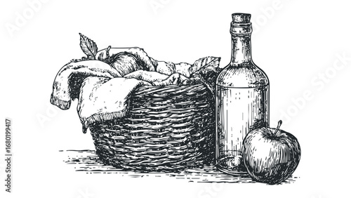 Hand-drawn still life featuring a woven basket filled with produce next to a bottle and apple. Vector hand drawn illustration