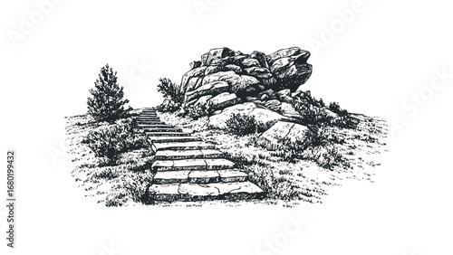Stone staircase leading up rocky hill with pine tree and foliage. Vector hand drawn illustration