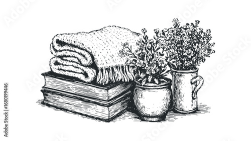Cozy still life with stacked books, folded blanket, and potted flowers. Vector hand drawn illustration
