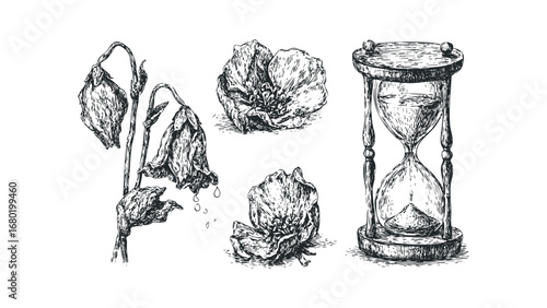 Wilted Flowers and Hourglass in Sketch Style. Vector hand drawn illustration