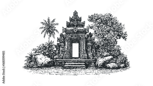 Traditional Stone Temple Entrance Surrounded by Tropical Flora and Palm Tree. Vector hand drawn illustration