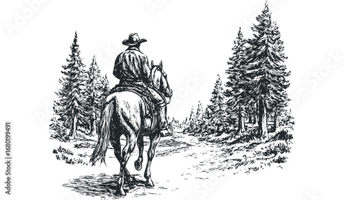 Cowboy riding horse through pine forest path drawn in sketchy style. Vector hand drawn illustration