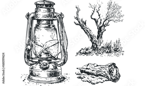 Antique kerosene lantern and weathered tree branch on transparent background. Vector hand drawn illustration