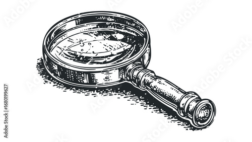 Engraved Magnifying Glass with Detailed Handle. Vector hand drawn illustration