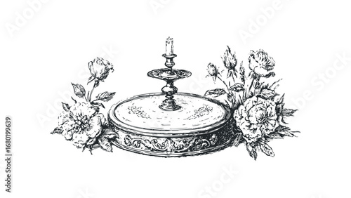 Antique ornate pedestal with lit candle and roses sketch. Vector hand drawn illustration