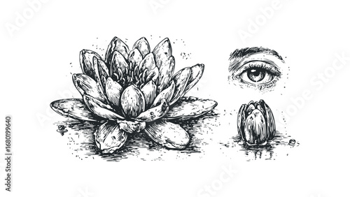 Detailed ink drawing of a blooming water lily and a closed bud with an eye. Vector hand drawn illustration