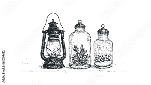 Vintage lantern with potted evergreen and marbles in glass jars. Vector hand drawn illustration