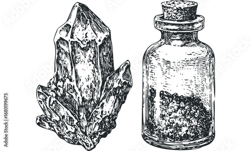 Detailed ink drawing of a large cluster of crystals next to a corked bottle filled with small particles. Vector hand drawn illustration