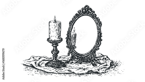 Antique candle and ornate mirror still life sketch. Vector hand drawn illustration