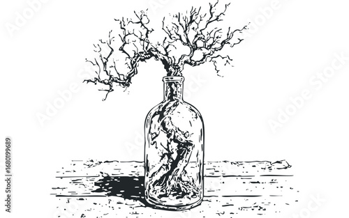 Twisted Tree Branches Inside A Glass Bottle On Wooden Surface. Vector hand drawn illustration