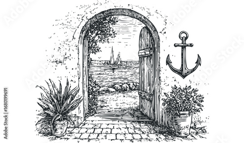Open arched doorway reveals sailboats on water with anchor and potted plants. Vector hand drawn illustration