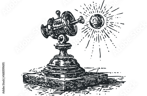 Vintage telescope observing a celestial body with radiant light bursts. Vector hand drawn illustration