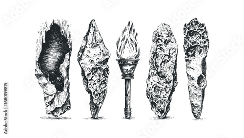 Engraved Stone Tools and Torch on Transparent Background. Vector hand drawn illustration