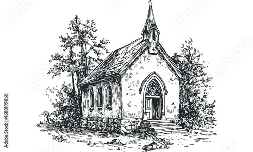 Pencil Sketch of a Small Chapel with Steeple and Surrounding Trees. Vector hand drawn illustration