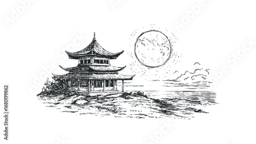 Asian Pagoda Building on Hillside with Full Moon and Ocean View. Vector hand drawn illustration