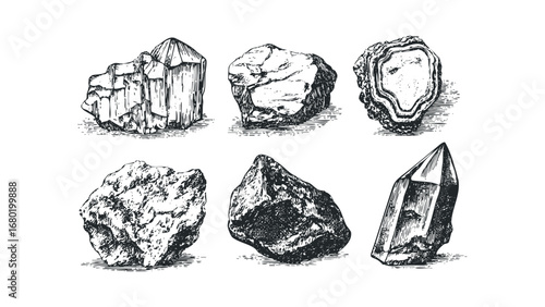 Collection of six hand-drawn crystalline mineral and rock formations. Vector hand drawn illustration