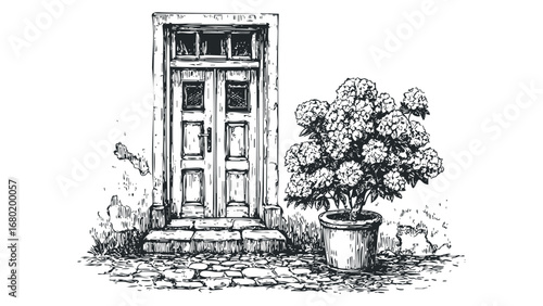Sketch of an old double door entrance with a potted hydrangea plant on a cobblestone path. Vector hand drawn illustration