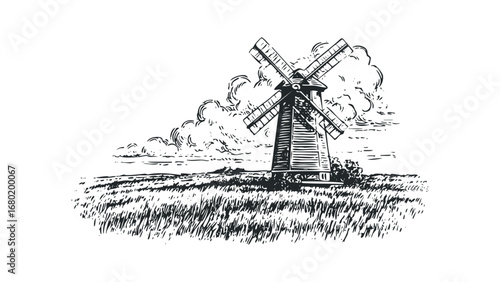 Pen and ink drawing of a historical windmill standing in a grassy field under a cloudy sky. Vector hand drawn illustration