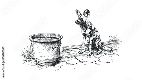 Sketch of African wild dog sitting near a water container on a wooden surface. Vector hand drawn illustration