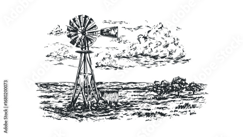 Sketch of a rustic windmill with a small shed and distant trees on a grassy plain. Vector hand drawn illustration