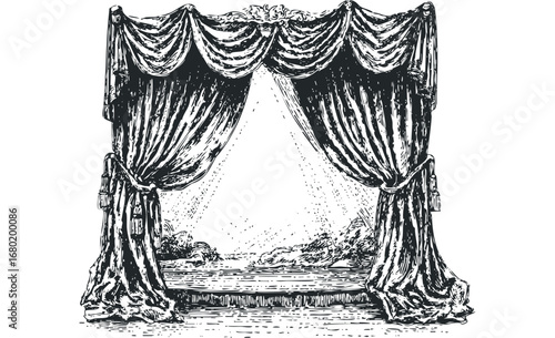 Theatrical stage with ornate draped curtains revealing a serene landscape. Vector hand drawn illustration