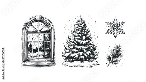 Vintage winter scene with snowy pine tree, snowflake, and arched window view. Vector hand drawn illustration