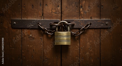 Secure Old Wooden Door with Heavy Metal Bar, Chain, and Brass Padlock
