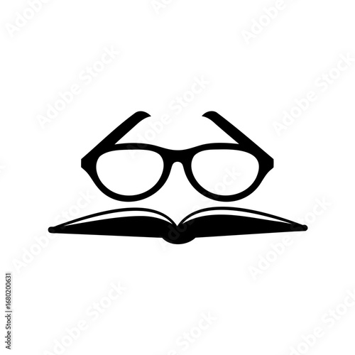 A simplistic symbol of knowledge featuring glasses atop an open book