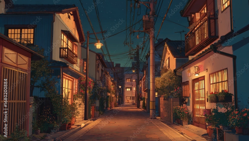 Fototapeta premium Night scene of a quaint, narrow street in a town, with traditional houses, warm lighting, and lush greenery