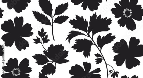 Elegant black floral silhouette pattern on white background, perfect for sophisticated designs.