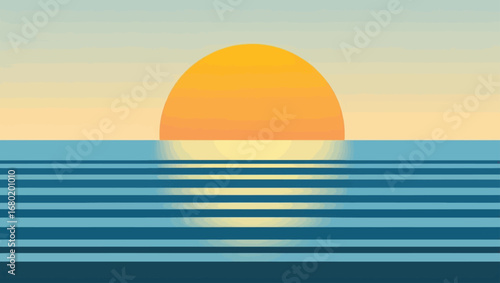 Abstract sunset over calm ocean waves stylized geometric vector graphic