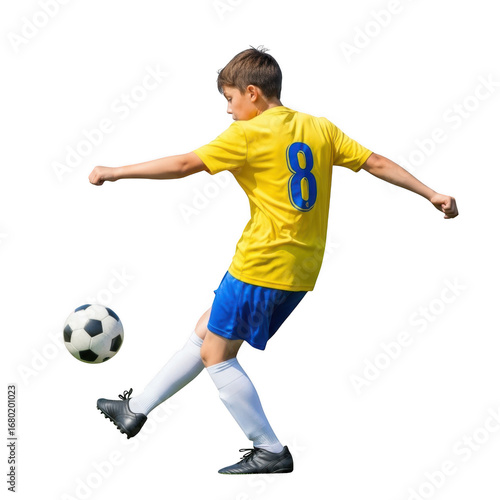 Young boy kicking soccer ball isolated on transparent background