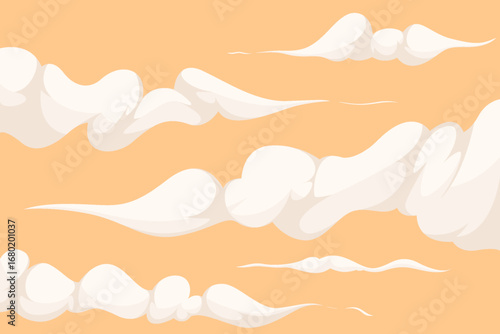 Vector set of stylized white clouds on a warm peach sky.