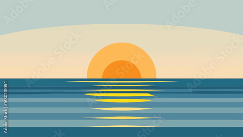 Stylized sunrise over calm ocean water vector illustration peaceful coastal scene