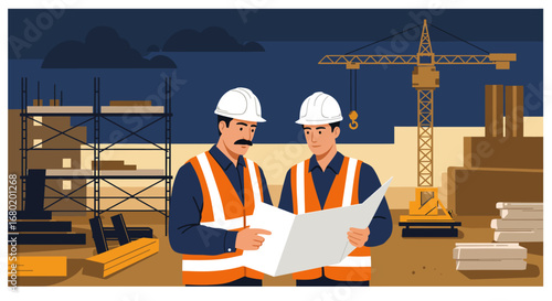 Two Construction Workers Reviewing Blueprints on Site.