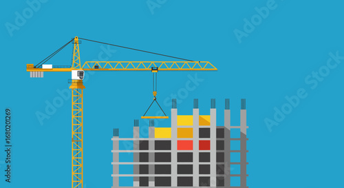 Construction Crane Lifting Building Materials on Site.