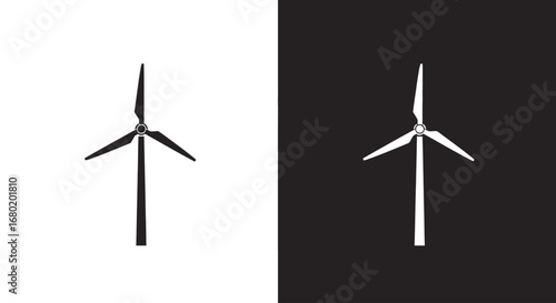 A wind turbine, a black and white split icon representing renewable energy, sustainability, and green technology.