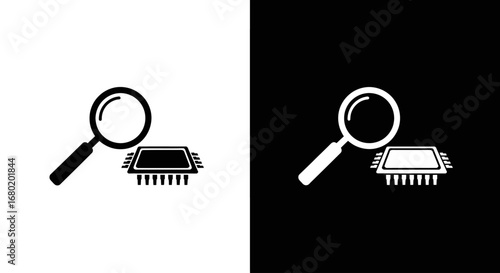 A magnifying glass over a microchip, a black and white icon for hardware analysis, tech inspection, and semiconductor research.