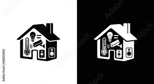 A smart home with connected devices, a black and white icon symbolizing home automation, IoT, and modern living technology.