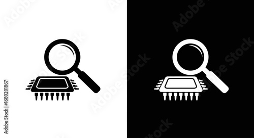An outline style magnifying glass over a microchip, a modern icon for tech reviews, hardware testing, and electronic engineering.