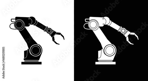 A robotic arm for industrial automation, a black and white icon representing manufacturing, robotics, and advanced production technology.