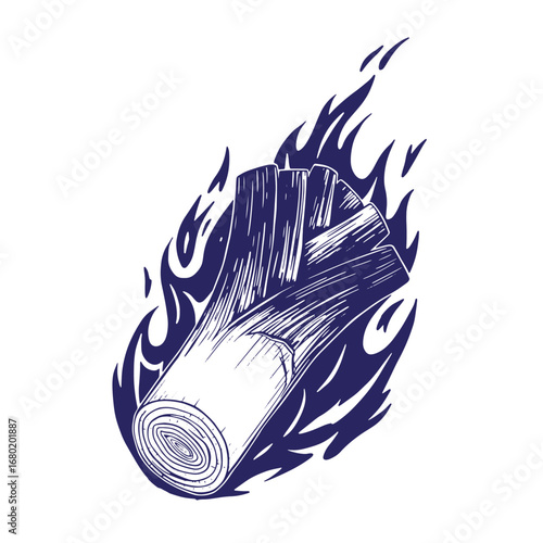 Stylized illustration of a leek surrounded by flames in a clean artistic vector style