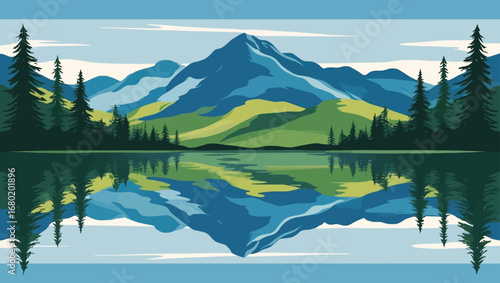 Serene mountain landscape reflected in calm water vector illustration for nature and travel