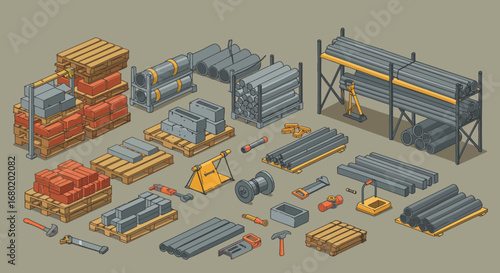 Construction Materials and Tools in Isometric Illustration.