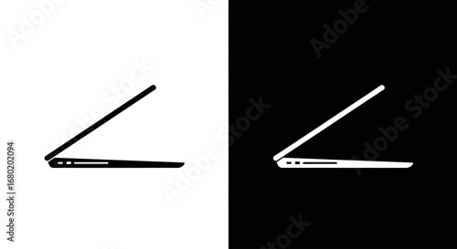 A slim, modern laptop from the side view, a black and white split icon representing portable computing and remote work.