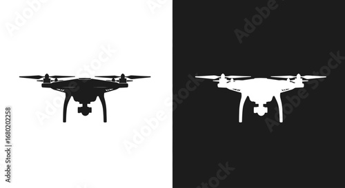 An unmanned aerial drone in a black and white split icon, symbolizing aerial photography, surveillance, and modern delivery technology.